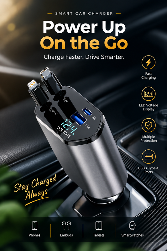 120w Car Charger with Cable Type C and iPhone.