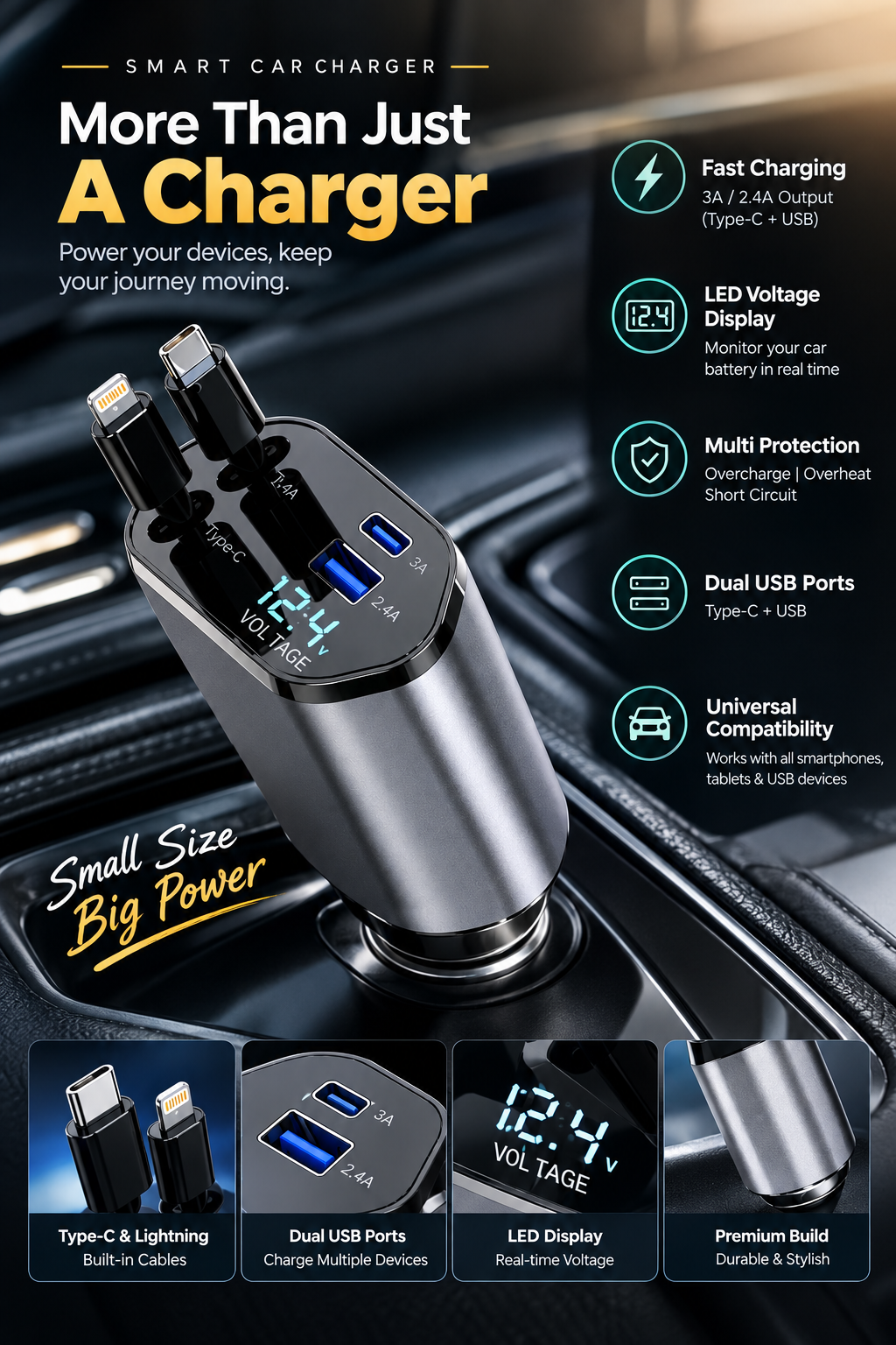 120w Car Charger with Cable Type C and iPhone.