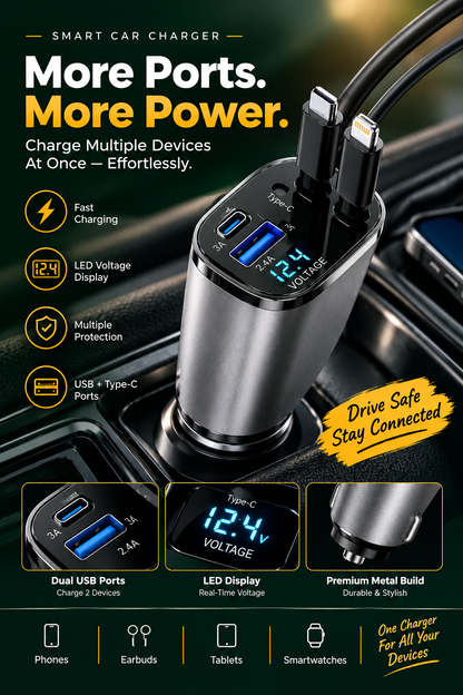 120w Car Charger with Cable Type C and iPhone.